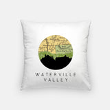 Waterville Valley, New Hampshire map and skyline pillow, a circular city map with the skyline in silhouette