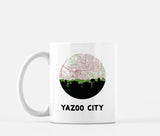 Yazoo City, Mississippi map and skyline mug, a circular city map with the skyline in silhouette