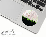 Yazoo City, Mississippi map and skyline vinyl sticker, a circular city map with the skyline in silhouette