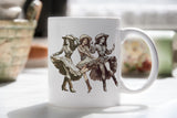 a white coffee mug with a picture of three women on it