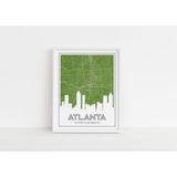 Atlanta Georgia art print | city skyline map and city coordinates - 5x7 Unframed Print / OliveDrab - Road Map and Skyline