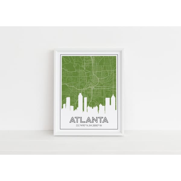 Atlanta Georgia art print | city skyline map and city coordinates - 5x7 Unframed Print / OliveDrab - Road Map and Skyline