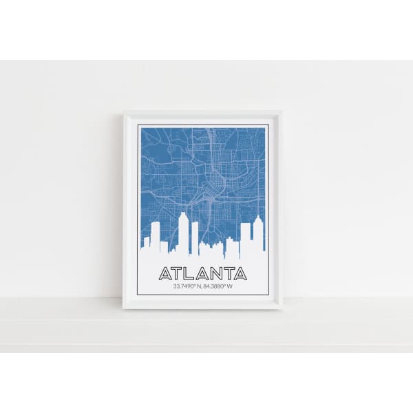 Atlanta Georgia art print | city skyline map and city coordinates - 5x7 Unframed Print / SteelBlue - Road Map and Skyline