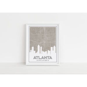 Atlanta Georgia art print | city skyline map and city coordinates - 5x7 Unframed Print / Tan - Road Map and Skyline