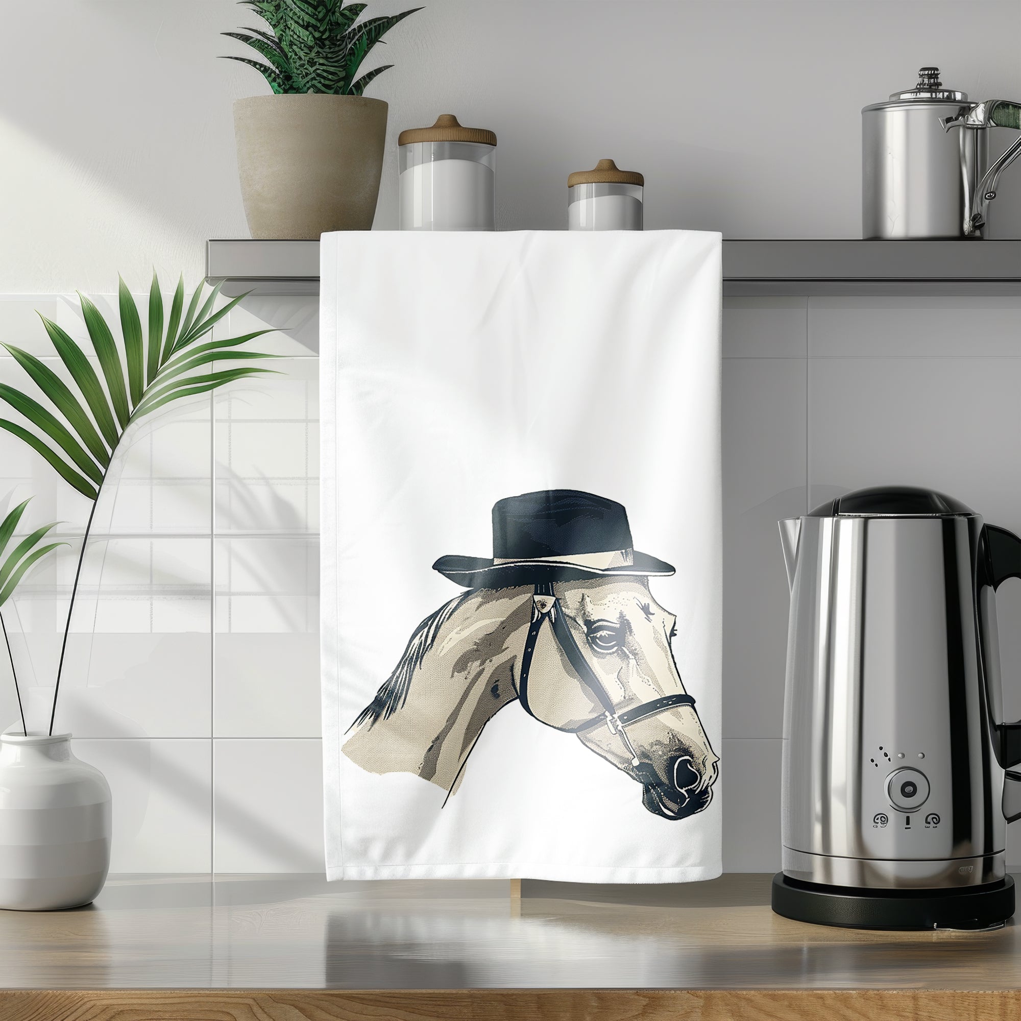 a tea towel with a picture of a horse wearing a hat