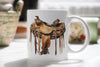 a coffee mug with a picture of a saddled horse