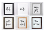 six different framed artworks, each with a unique color and style, arranged in a grid. The artworks are labeled with the words "Black", "White", "rustic grey", "Thin natural", "Thin espresso", and "rustic brown".