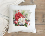 a white pillow with a picture of a bouquet of flowers on it