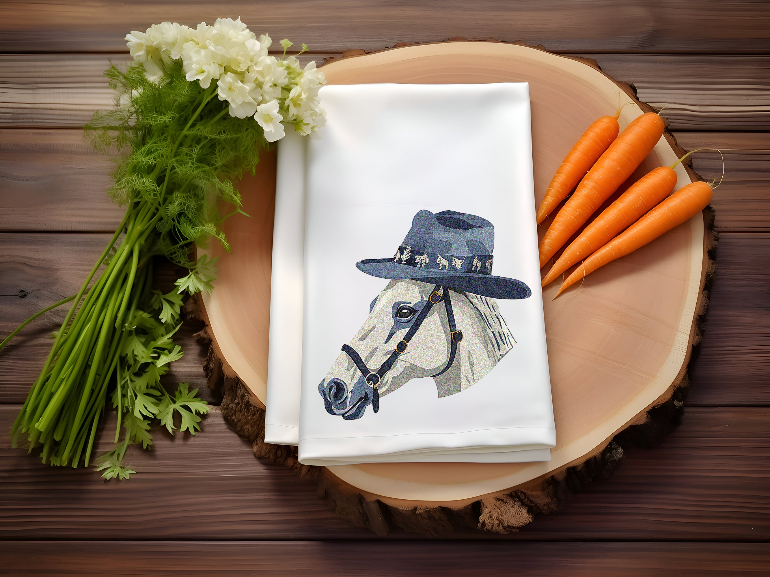a napkin with a picture of a horse wearing a hat