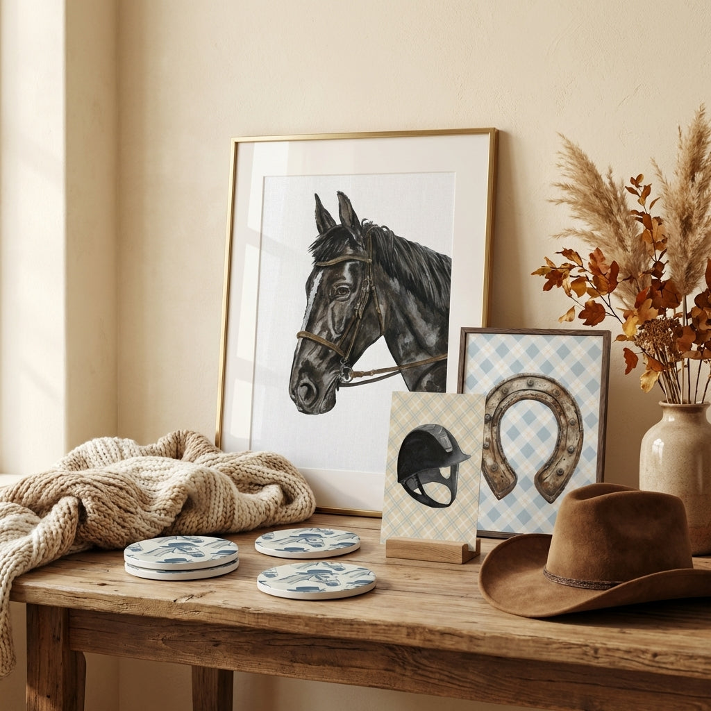 Elegant black horse art print from the Horse and Whiskey Collection, showcasing side-eye posture, available in various sizes and frames.