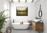 a bathroom with a large tub and a painting on the wall