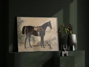 a painting of a horse and a dog on a shelf