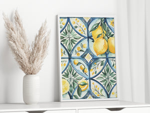 a painting of lemons and leaves on a white shelf