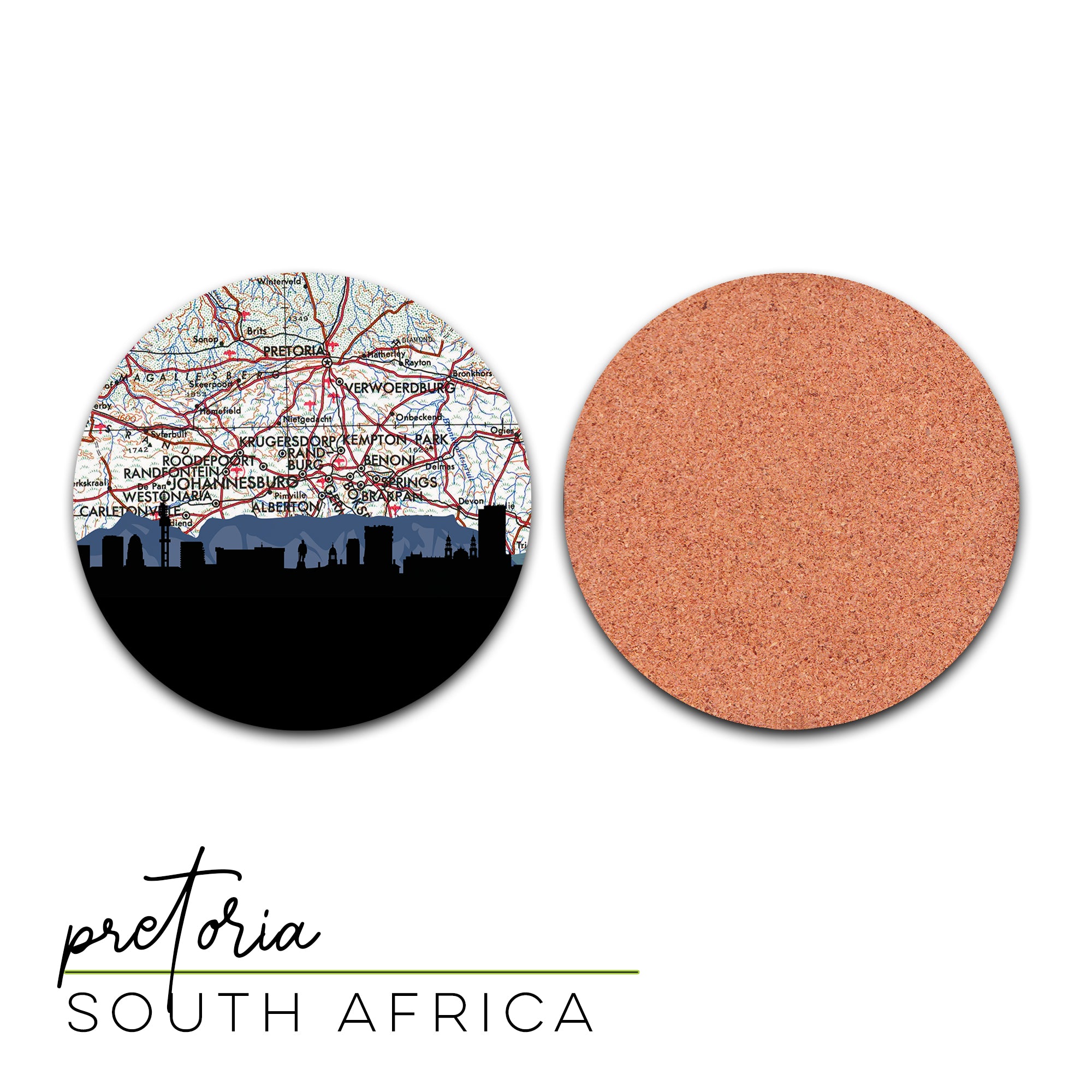 a map of south africa and a round cork coaster