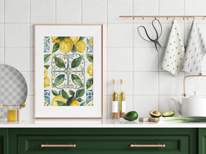 Kitchen Decor: Watercolor Lemon Art Print, Lush Greenery & Tile Design for a Mediterranean Home Vibe, Great Housewarming Gift! | Preppy Coastal Collection