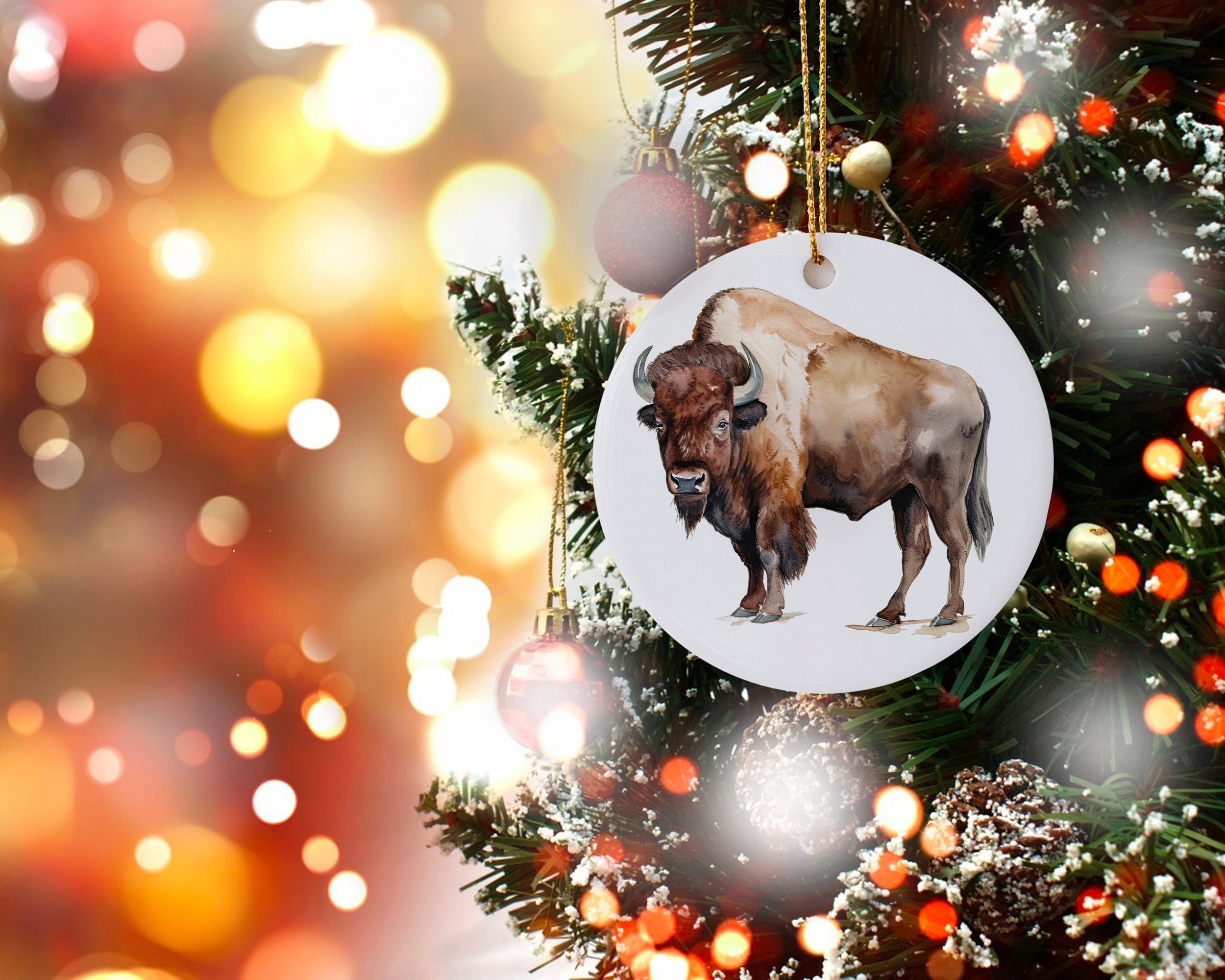 a bison ornament hanging from a christmas tree