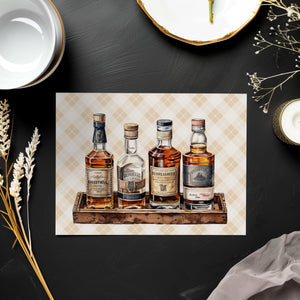 a painting of three bottles of whiskey on a tray