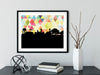 Auburn Alabama art print. Features the Auburn Alabama skyline and a geometric background. In yellow and shown in a black frame. Other colors and frame options available. Designed by Paperfinch.