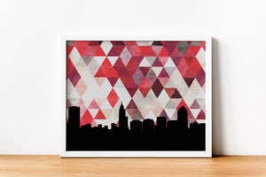 Raleigh NC Skyline Art Print: Red & White Geometric Background, Multiple Sizes and Framing Options Available