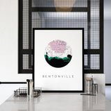 Bentonville Arkansas city wall art featuring the Bentonville city skyline and a Bentonville city map. Available in several Arkansas cities and frame options. Bentonville AR shown in a black frame. Designed by www.etsy.com/shop/paperfinchdesign