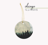 Chicago Illinois Christmas ornament with the Chicago skyline and a Chicago Illinois map. 100% ceramic and comes with a gold string. Available in other Illinois cities. Designed by www.etsy.com/shop/paperfinchdesign