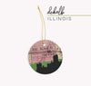 DeKalb Illinois Christmas ornament with the DeKalb IL skyline and a DeKalb Illinois map. 100% ceramic and comes with a gold string. Available in other Illinois cities. Designed by www.etsy.com/shop/paperfinchdesign