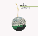 Moline Illinois Christmas ornament with the Moline IL skyline and a Moline Illinois map. 100% ceramic and comes with a gold string. Available in other Illinois cities. Designed by www.etsy.com/shop/paperfinchdesign