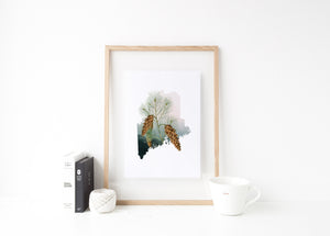 Maine art print, Maine botanical print, Maine housewarming gift, Maine decor, pine tree art print, pine cone print, New England wall art