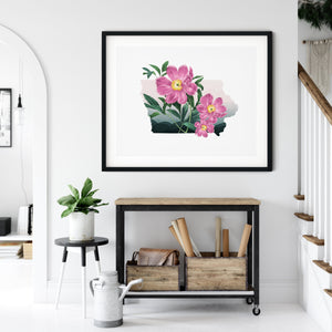 Iowa state wall art, Botanical print, Iowa flower wall art, pink flower print, Iowa botanical poster, framed wall art, botanical art