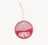 Asheville, North Carolina Christmas ornament in red - featuring the Asheville skyline and an Asheville road map. By Paperfinch Design