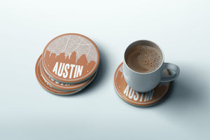 Austin map coaster set, Austin Texas coasters, Austin skyline and Austin map gifts, Austin coasters, Austin Texas gifts