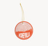 Asheville, North Carolina Christmas ornament in orange - featuring the Asheville skyline and an Asheville road map. By Paperfinch Design