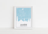 Ames, Iowa art print with the Ames skyline and an Ames Iowa roadmap - available framed and in multiple colors