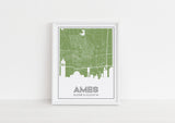 Ames, Iowa art print with the Ames skyline and an Ames Iowa roadmap - available framed and in multiple colors