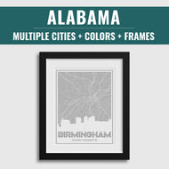 Alabama city map art, framed Alabama art print, multiple Alabama cities wall art, city skyline art print, Alabama city maps, Alabama decor