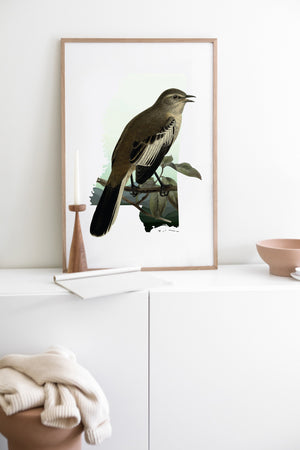 Northern Mockingbird Wall Art Print | Mississippi Bird Decor | Framed Mockingbird Artwork | Gift for Bird Lovers