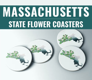 Massachusetts Home Coasters | Stone Coasters with State Flower | Perfect for Massachusetts Home Decor & Bar Decor