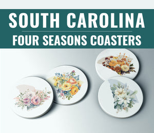 South Carolina Coasters Set of 4 - Seasonal Floral Designs, Perfect Gift for Plant Lovers & Home Decor Accent