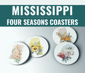 Mississippi Coasters Set of 4 | Seasonal Floral Designs, State Shape Drink Coasters for Home Decor & Gifts