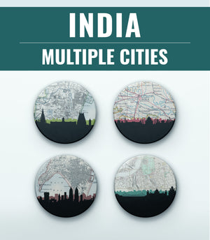 India Coasters - Cityscape Sandstone Coasters Set with Cork Backing – Full Color Indian Cities Skyline Design (2 or 4 Pieces)