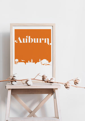 Auburn Alabama Skyline Wall Art Print | Unique Man Cave Decor & Gift for Sports Fans | Auburn City Art