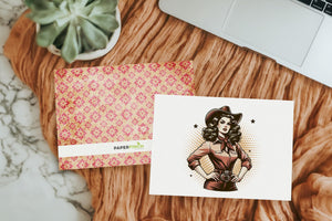 a card with a picture of a woman wearing a cowboy hat