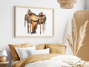 a picture of a horse saddle hanging above a bed