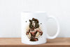 a white coffee mug with a picture of a woman wearing a cowboy hat