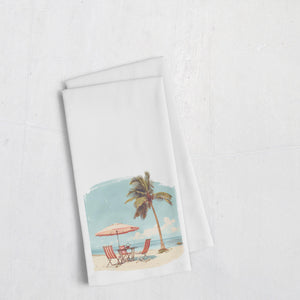 Retro Beach Scene Tea Towel | Vintage Chairs and Umbrella Design | Coastal Kitchen Decor & Gift for Beach Lovers