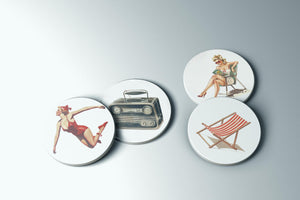 Retro Beach Icons Coaster Set | Set of 4 Pin Up Girl & Striped Beach Chair Drink Coasters for Summer Decor