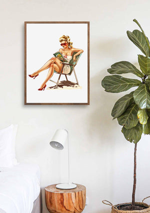 Beach Pin Up Girl Art Print, Vintage Island Vibes Decor, Coastal Wall Art, Retro Beach Artwork, Perfect Gift for Beach Lovers