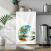 Tropical Beach Scene Tea Towel - Striped Umbrella and Chairs, Cotton Kitchen Towel, Perfect Gift for Beach Lovers & Decor