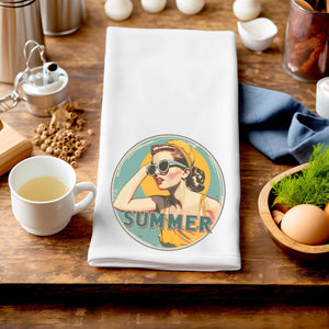 Summer Pin Up Girl in Yellow Swimsuit Tea Towel | Retro Kitchen Decor & Beach House Gift