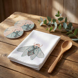 Decorative Southern Cicada Tea Towel with vivid cicada and floral motifs from Bloom + Bourbon Collection.